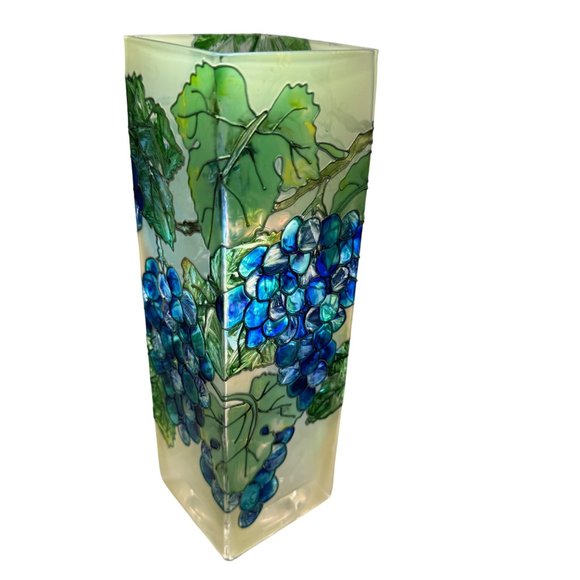 Hand Painted Grapes Vines Leaves Stained Glass Vase Joan Baker Designs 10" Tall - Picture 12 of 15